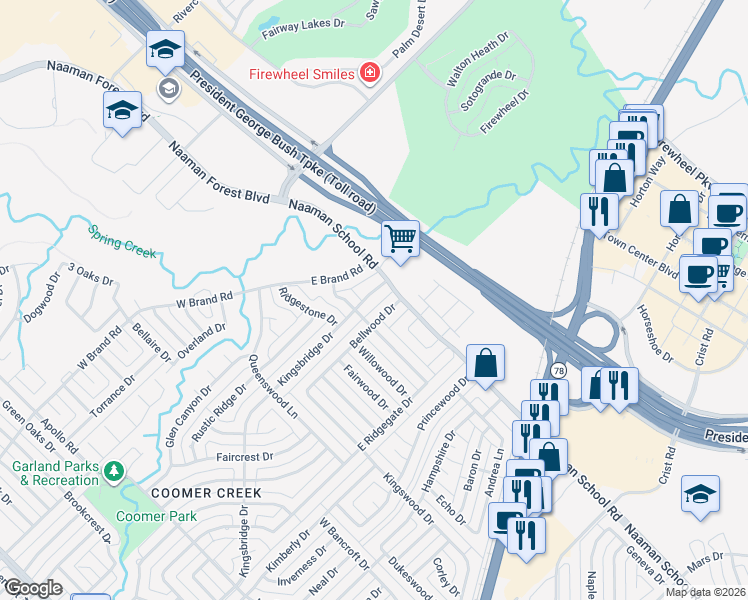 map of restaurants, bars, coffee shops, grocery stores, and more near 216 East Kingsbridge Drive in Garland