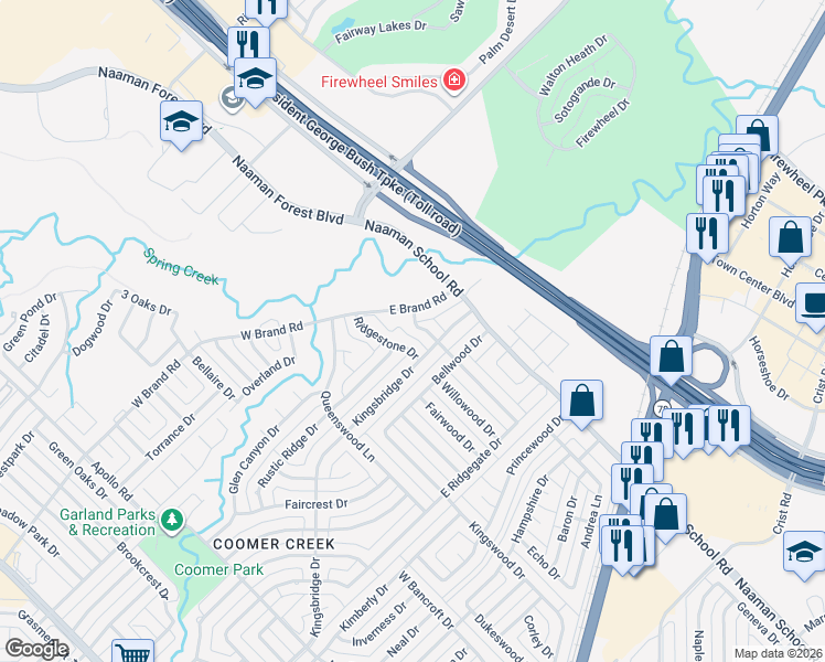 map of restaurants, bars, coffee shops, grocery stores, and more near 3805 Creststone Drive in Garland