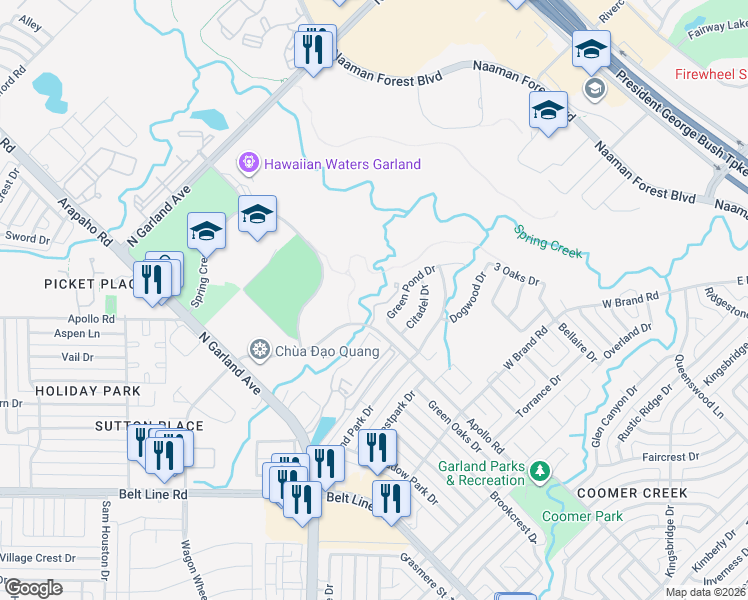 map of restaurants, bars, coffee shops, grocery stores, and more near 1225-1227 Forest Cove Lane in Garland