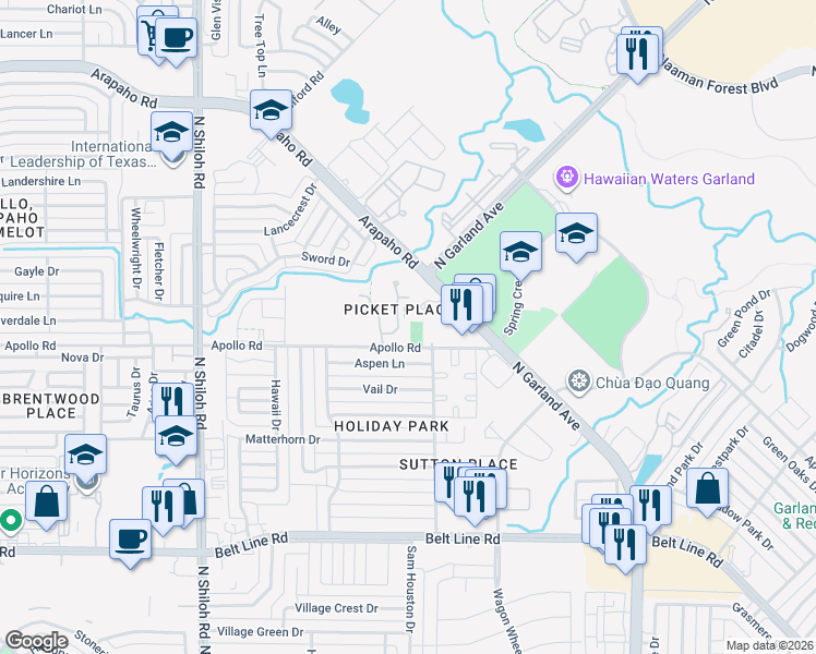 map of restaurants, bars, coffee shops, grocery stores, and more near 3842 Brandon Park Drive in Garland