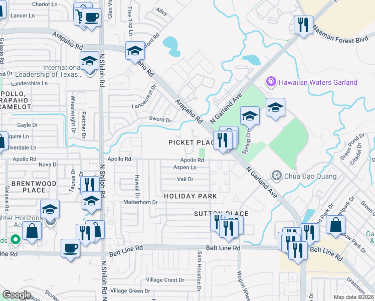 map of restaurants, bars, coffee shops, grocery stores, and more near 3821 Pickett Place Drive in Garland