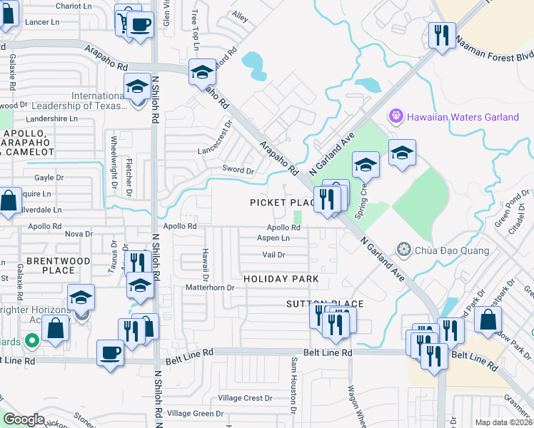 map of restaurants, bars, coffee shops, grocery stores, and more near 3821 Pickett Place Drive in Garland