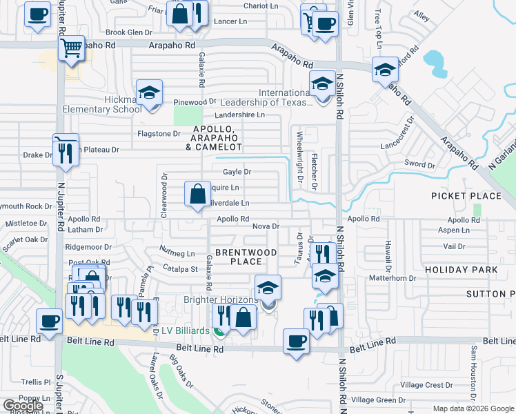 map of restaurants, bars, coffee shops, grocery stores, and more near 2806 Silverdale Lane in Garland