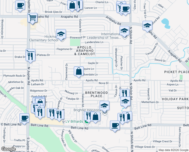 map of restaurants, bars, coffee shops, grocery stores, and more near 2914 Silverdale Lane in Garland