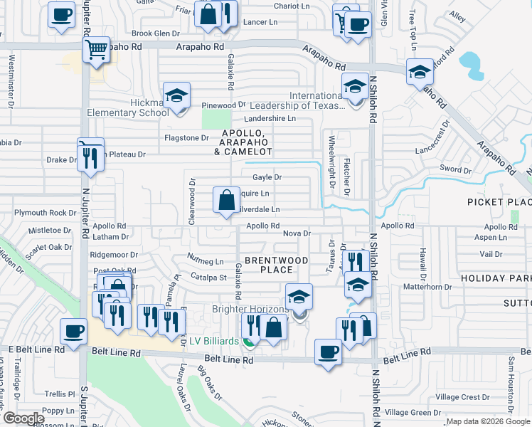 map of restaurants, bars, coffee shops, grocery stores, and more near 2914 Silverdale Lane in Garland