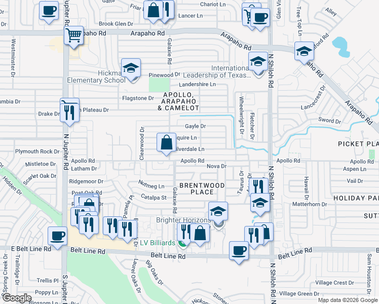map of restaurants, bars, coffee shops, grocery stores, and more near 2914 Silverdale Lane in Garland