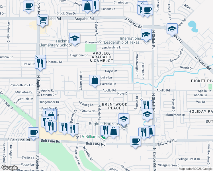 map of restaurants, bars, coffee shops, grocery stores, and more near 2914 Silverdale Lane in Garland