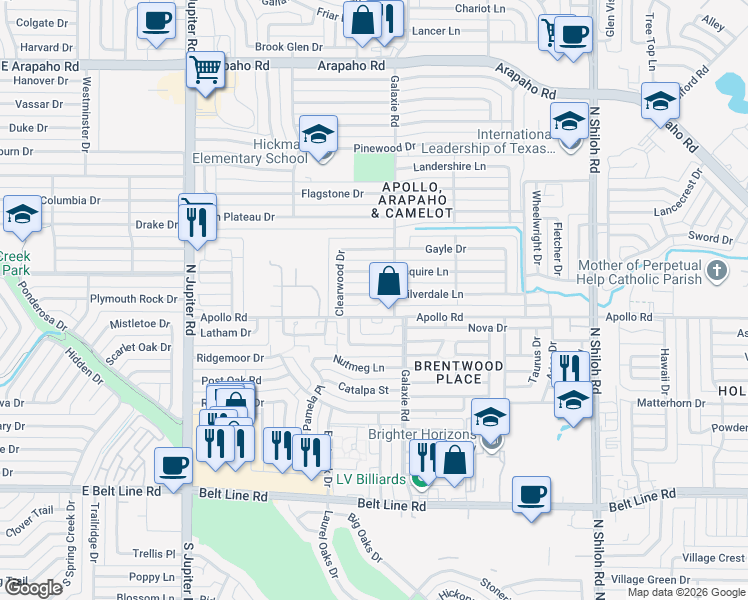 map of restaurants, bars, coffee shops, grocery stores, and more near 3014 Silverdale Lane in Garland