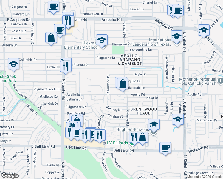 map of restaurants, bars, coffee shops, grocery stores, and more near 3809 Clearwood Drive in Garland