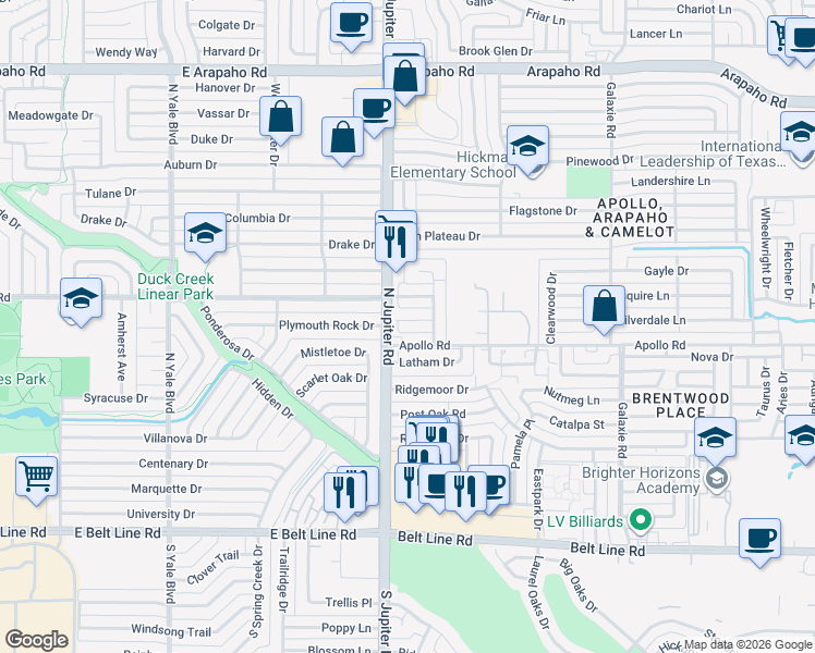 map of restaurants, bars, coffee shops, grocery stores, and more near 3426 Aquarius Circle in Garland