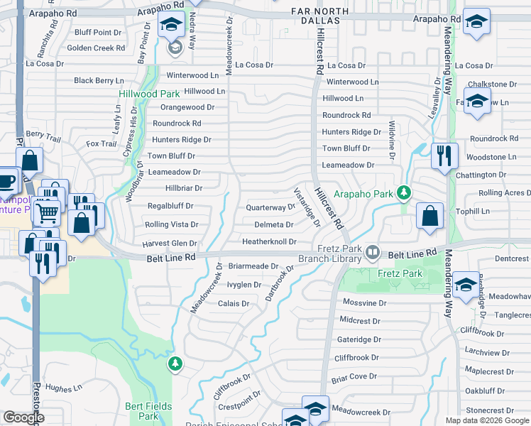 map of restaurants, bars, coffee shops, grocery stores, and more near 6916 Quarterway Drive in Dallas
