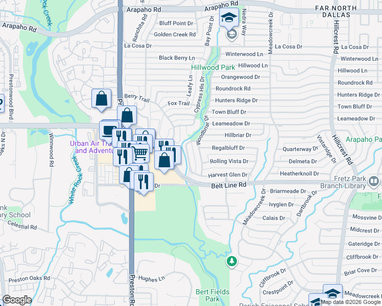 map of restaurants, bars, coffee shops, grocery stores, and more near 14907 Woodbriar Drive in Dallas