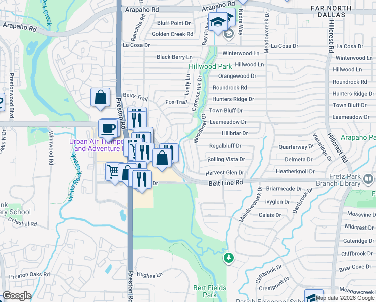 map of restaurants, bars, coffee shops, grocery stores, and more near 14907 Woodbriar Drive in Dallas