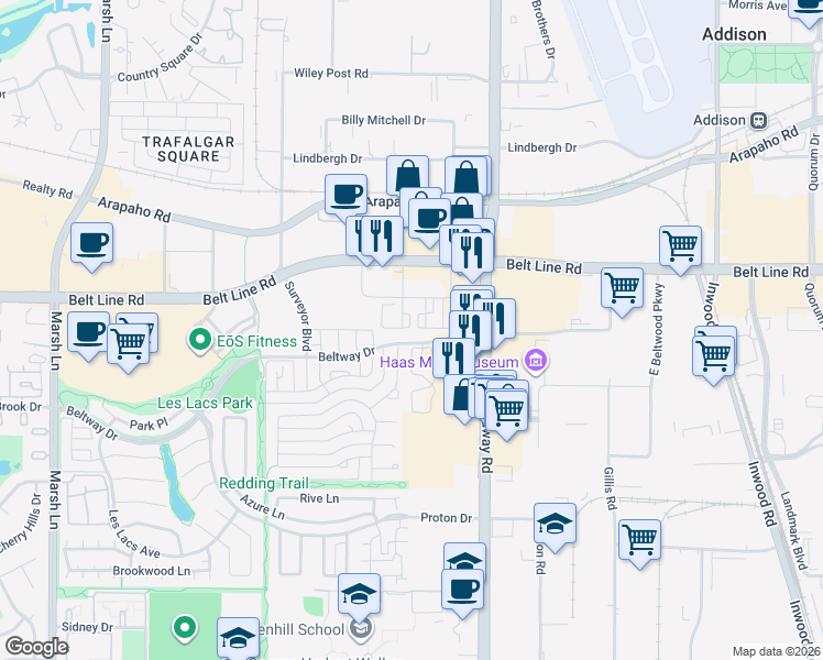 map of restaurants, bars, coffee shops, grocery stores, and more near 14700 Towne Green Circle in Addison