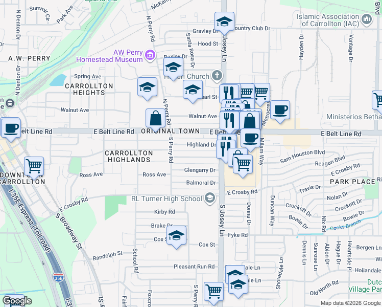 map of restaurants, bars, coffee shops, grocery stores, and more near 1817 Tartan Drive in Carrollton