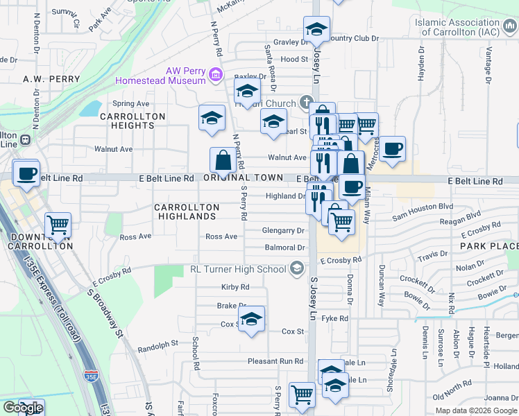 map of restaurants, bars, coffee shops, grocery stores, and more near 1805 Tartan Drive in Carrollton