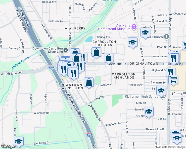 map of restaurants, bars, coffee shops, grocery stores, and more near 1311 Francis Street in Carrollton