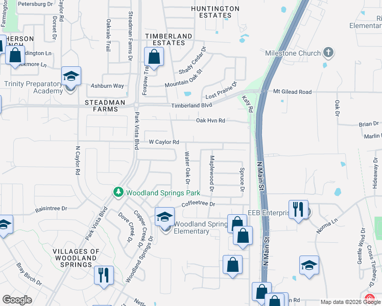 map of restaurants, bars, coffee shops, grocery stores, and more near 12416 Water Oak Drive in Fort Worth