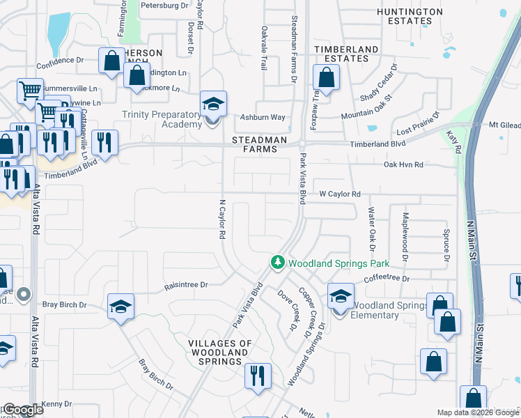 map of restaurants, bars, coffee shops, grocery stores, and more near 12433 Winterberry Lane in Fort Worth