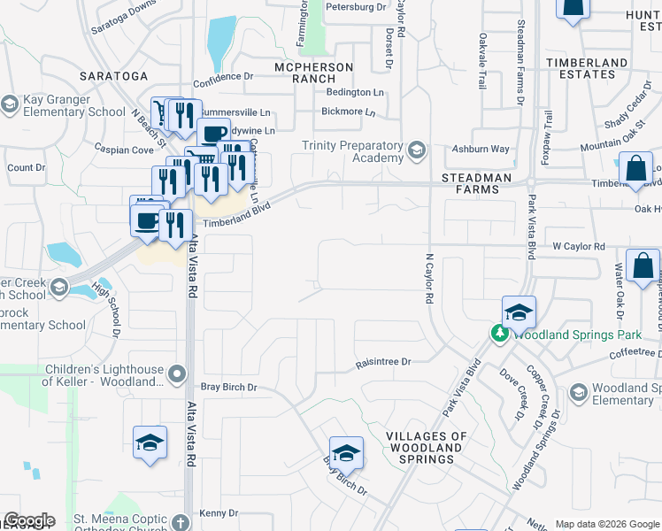 map of restaurants, bars, coffee shops, grocery stores, and more near 4900 Sunset Circle South in Keller