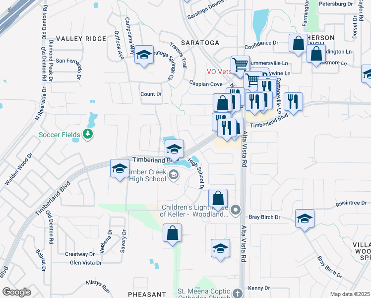 map of restaurants, bars, coffee shops, grocery stores, and more near 3364 Lone Tree Lane in Fort Worth