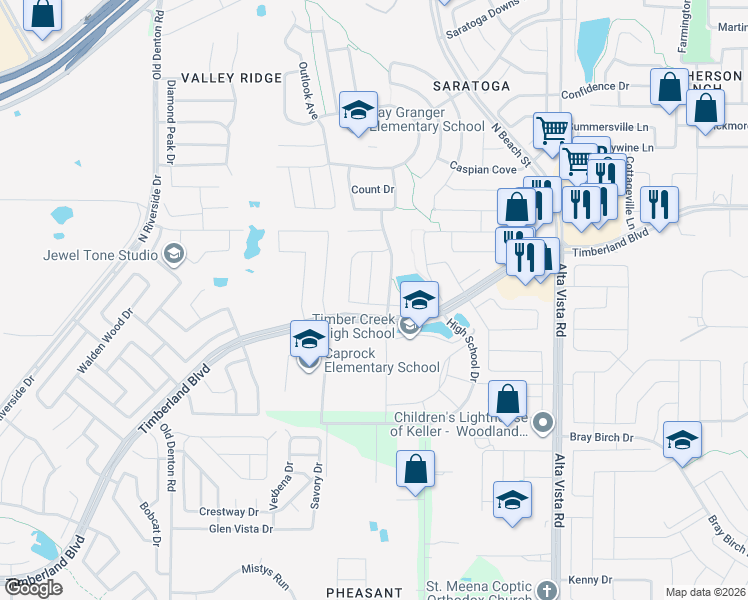 map of restaurants, bars, coffee shops, grocery stores, and more near 12400 Woods Edge Trail in Keller