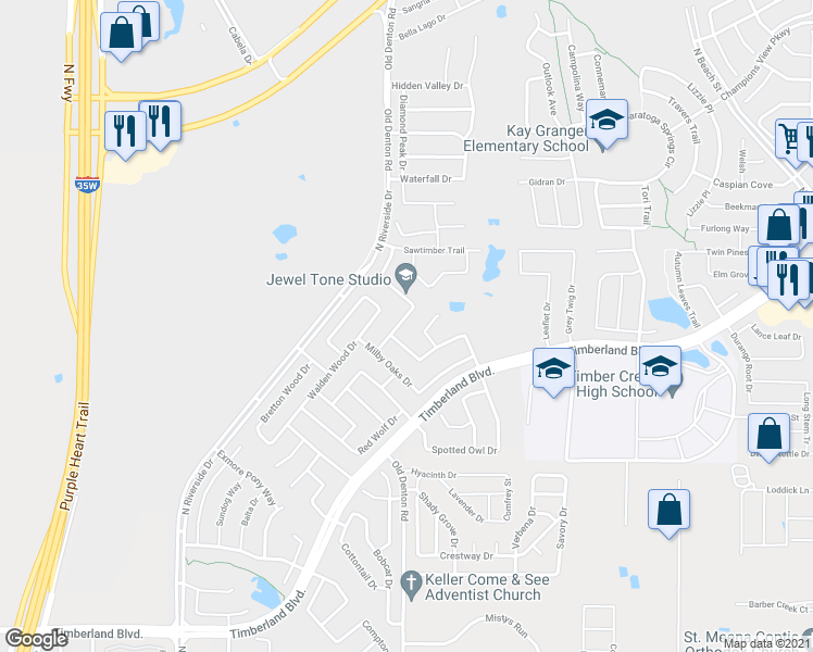 map of restaurants, bars, coffee shops, grocery stores, and more near 12217 Hedge Apple Court in Fort Worth