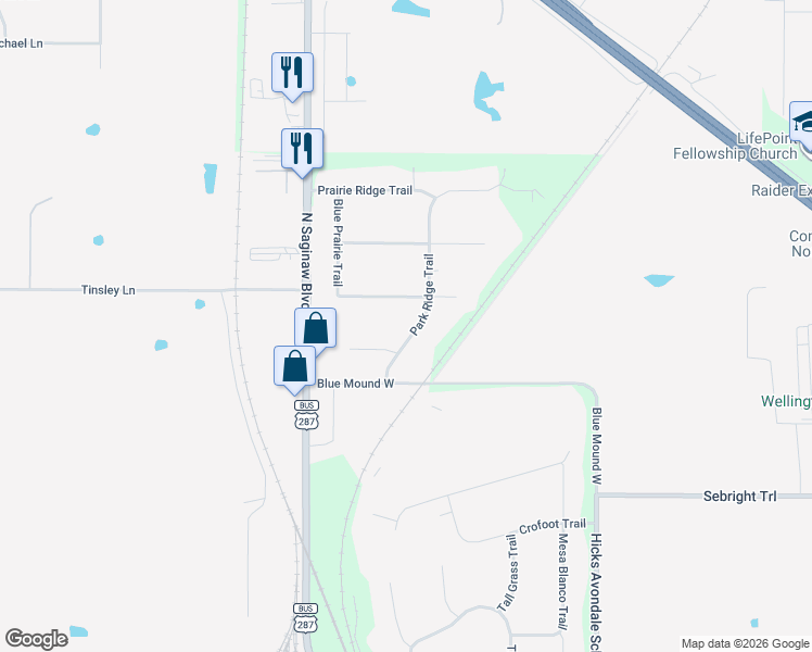 map of restaurants, bars, coffee shops, grocery stores, and more near 12353 Park Ridge Trail in Fort Worth