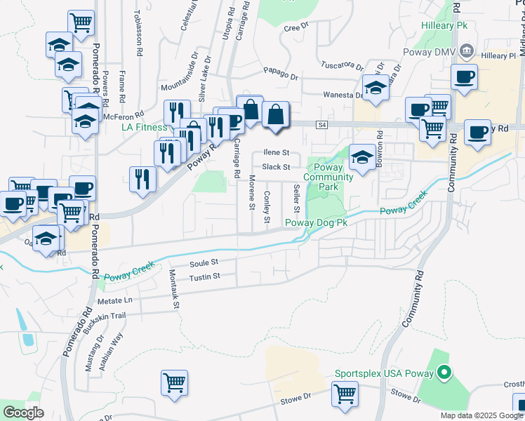 map of restaurants, bars, coffee shops, grocery stores, and more near 12946 Conley Street in Poway