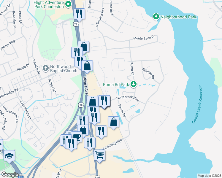 map of restaurants, bars, coffee shops, grocery stores, and more near 1706 Falcon Cove Ln in Hanahan