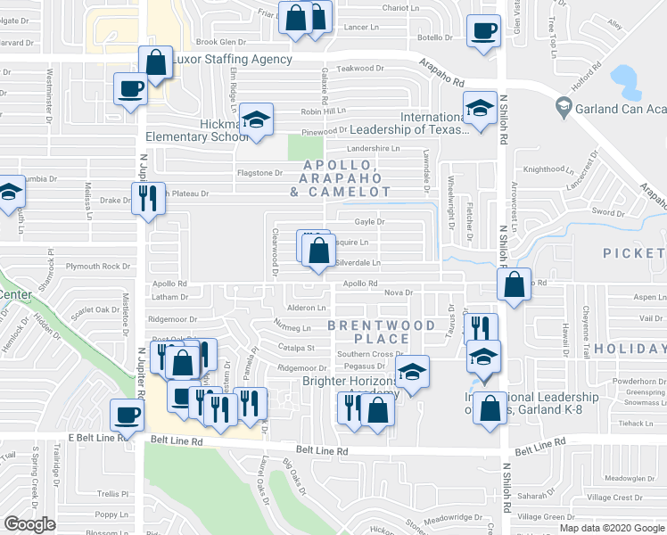 map of restaurants, bars, coffee shops, grocery stores, and more near 2942 Silverdale Lane in Garland
