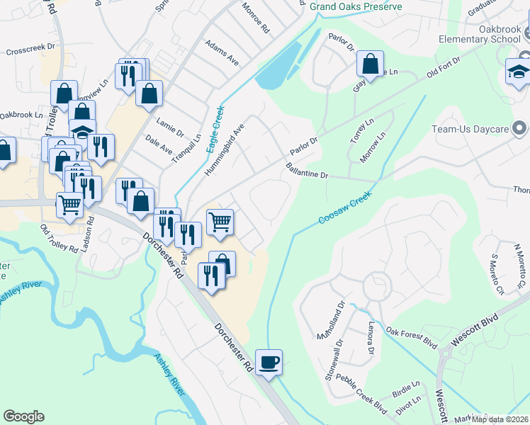 map of restaurants, bars, coffee shops, grocery stores, and more near 5261 Copley Circle in Summerville
