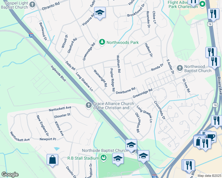 map of restaurants, bars, coffee shops, grocery stores, and more near 8121 Poplar Ridge Road in North Charleston