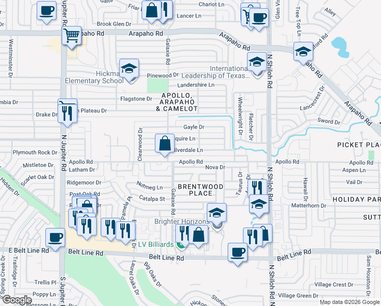map of restaurants, bars, coffee shops, grocery stores, and more near 2914 Silverdale Lane in Garland