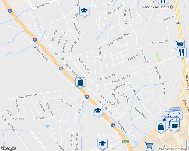 map of restaurants, bars, coffee shops, grocery stores, and more near 8121 Poplar Ridge Road in North Charleston