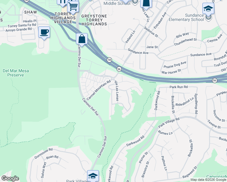 map of restaurants, bars, coffee shops, grocery stores, and more near 12685 Senda Panacea in San Diego