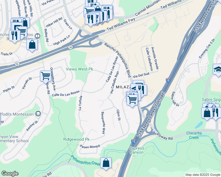 map of restaurants, bars, coffee shops, grocery stores, and more near 12924 Via Caballo Rojo in San Diego