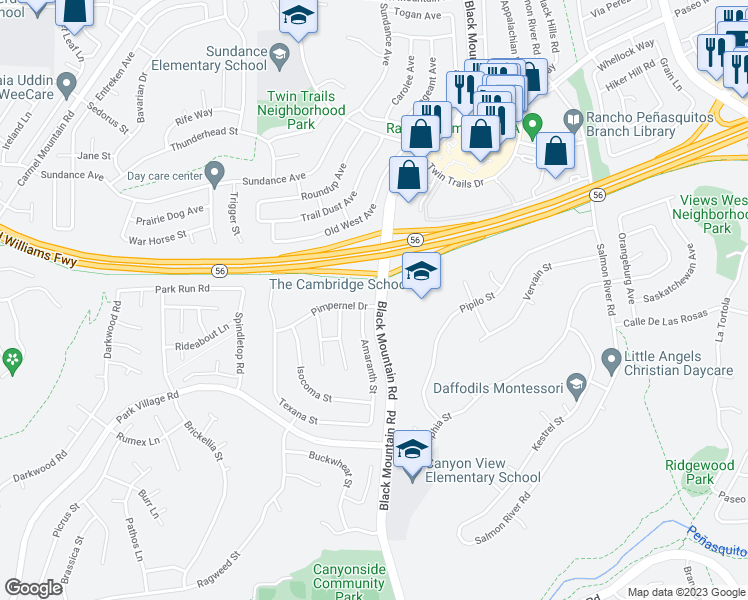 map of restaurants, bars, coffee shops, grocery stores, and more near 9196 Pimpernel Drive in San Diego