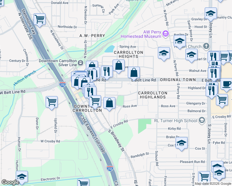 map of restaurants, bars, coffee shops, grocery stores, and more near 1311 Francis Street in Carrollton