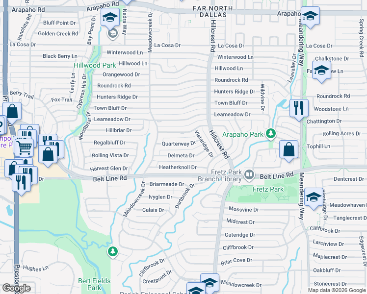 map of restaurants, bars, coffee shops, grocery stores, and more near 6916 Quarterway Dr in Dallas