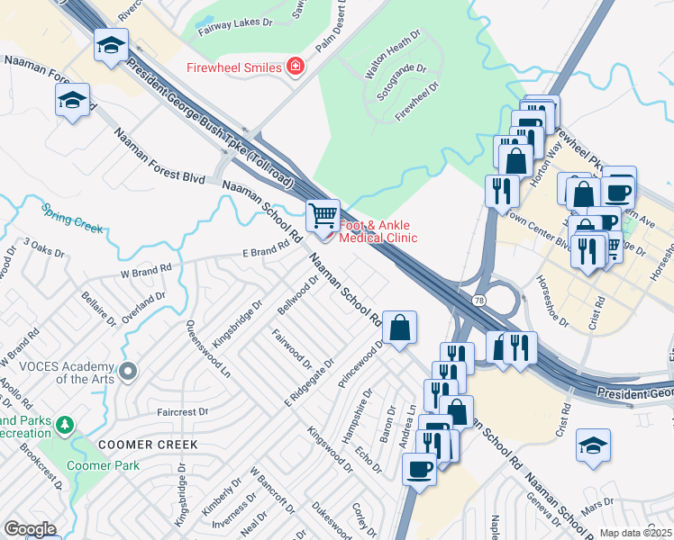 map of restaurants, bars, coffee shops, grocery stores, and more near 3713 Bluesage Lane in Garland