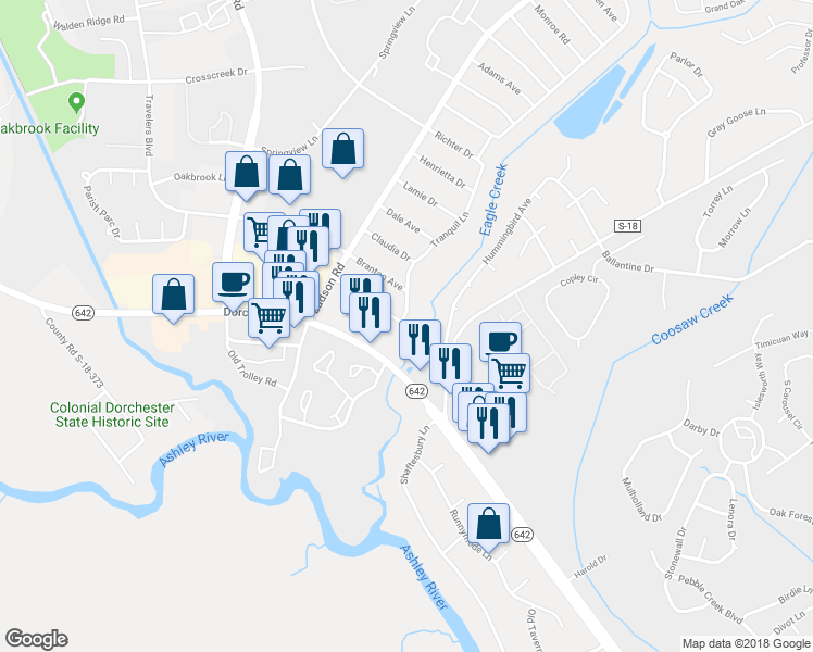 map of restaurants, bars, coffee shops, grocery stores, and more near 116 Alma Drive in Ladson