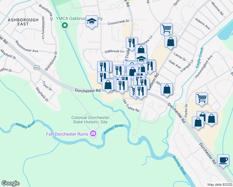 map of restaurants, bars, coffee shops, grocery stores, and more near 9770 Dorchester Road in Summerville