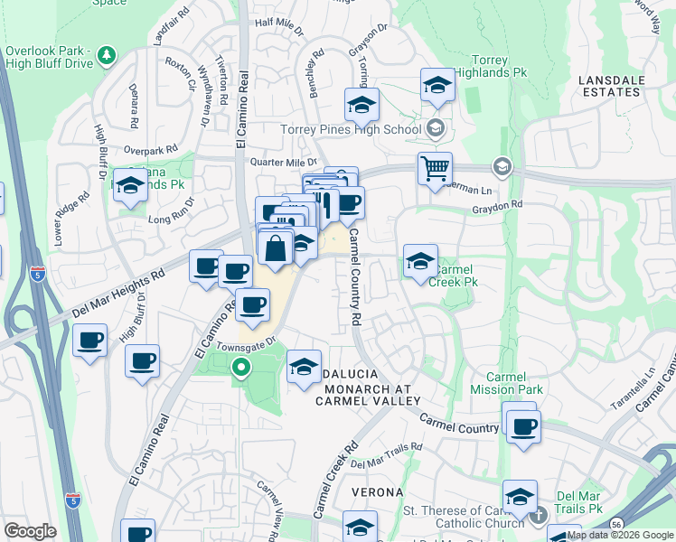 map of restaurants, bars, coffee shops, grocery stores, and more near 12672 Carmel Country Road in San Diego