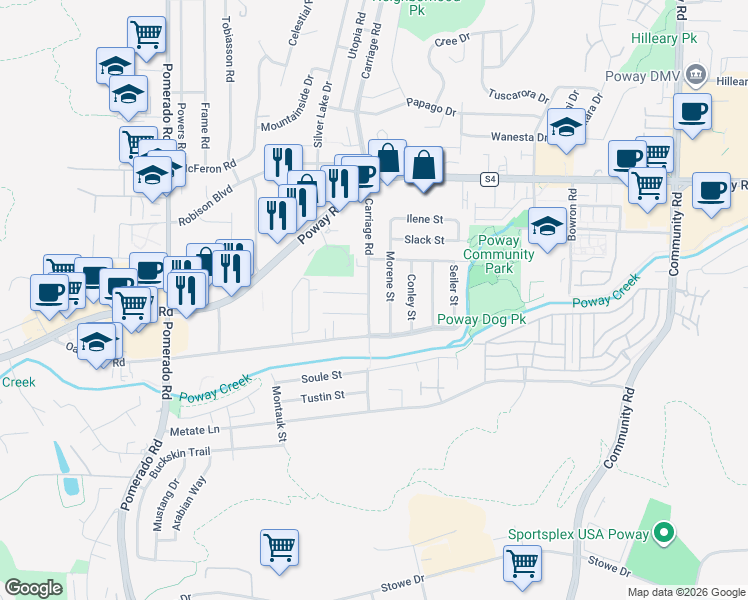 map of restaurants, bars, coffee shops, grocery stores, and more near 12738 La Vista Way in Poway