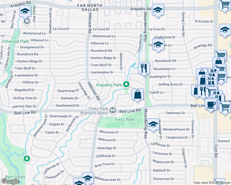 map of restaurants, bars, coffee shops, grocery stores, and more near 7237 Tangleglen Drive in Dallas