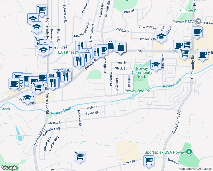 map of restaurants, bars, coffee shops, grocery stores, and more near 12953 Carriage Road in Poway