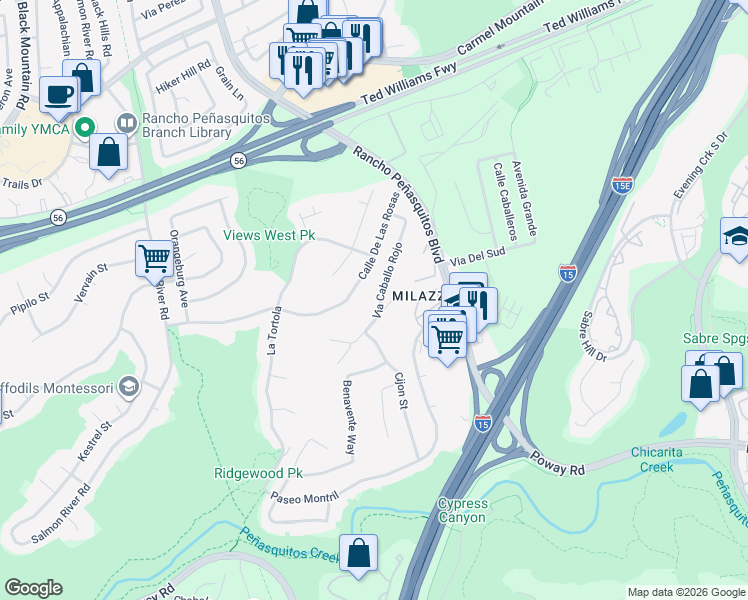 map of restaurants, bars, coffee shops, grocery stores, and more near 12924 Via Caballo Rojo in San Diego