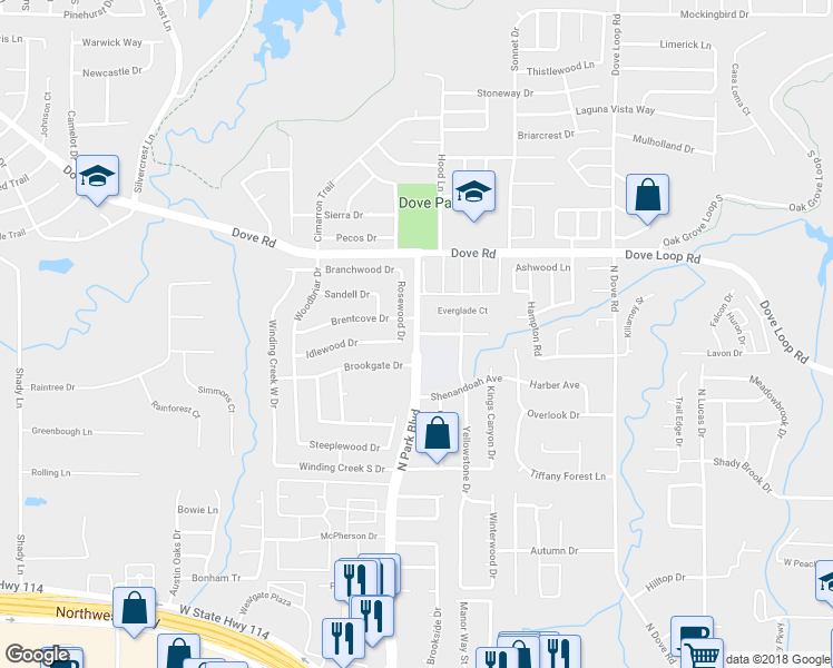 map of restaurants, bars, coffee shops, grocery stores, and more near 1503 Park Boulevard in Grapevine