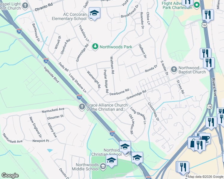 map of restaurants, bars, coffee shops, grocery stores, and more near 8113 Waltham Road in North Charleston